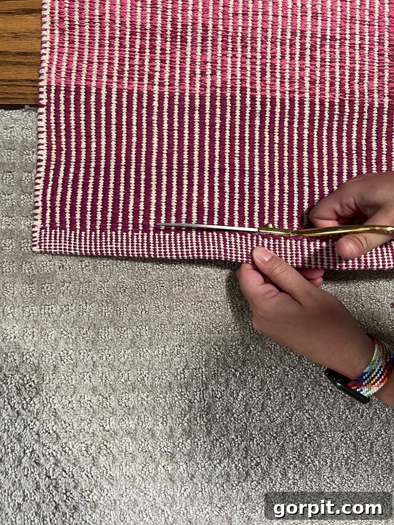 Close-up of a stair runner's finished edge being trimmed before installation to allow for a smooth tuck against carpet