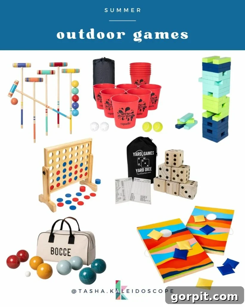 A collection of seven colorful backyard games under a blue banner that reads, "outdoor games."