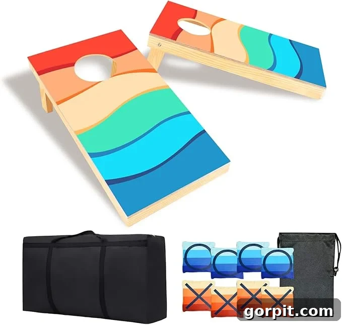 A beachy-colored set of cornhole boards and bags. The boards have orange, blue, and yellow stripes. The image also includes photos of the travel bag and bean bags -- there are four blue-striped bean bags with O's on them, and four orange-stiped bean bags with X's.