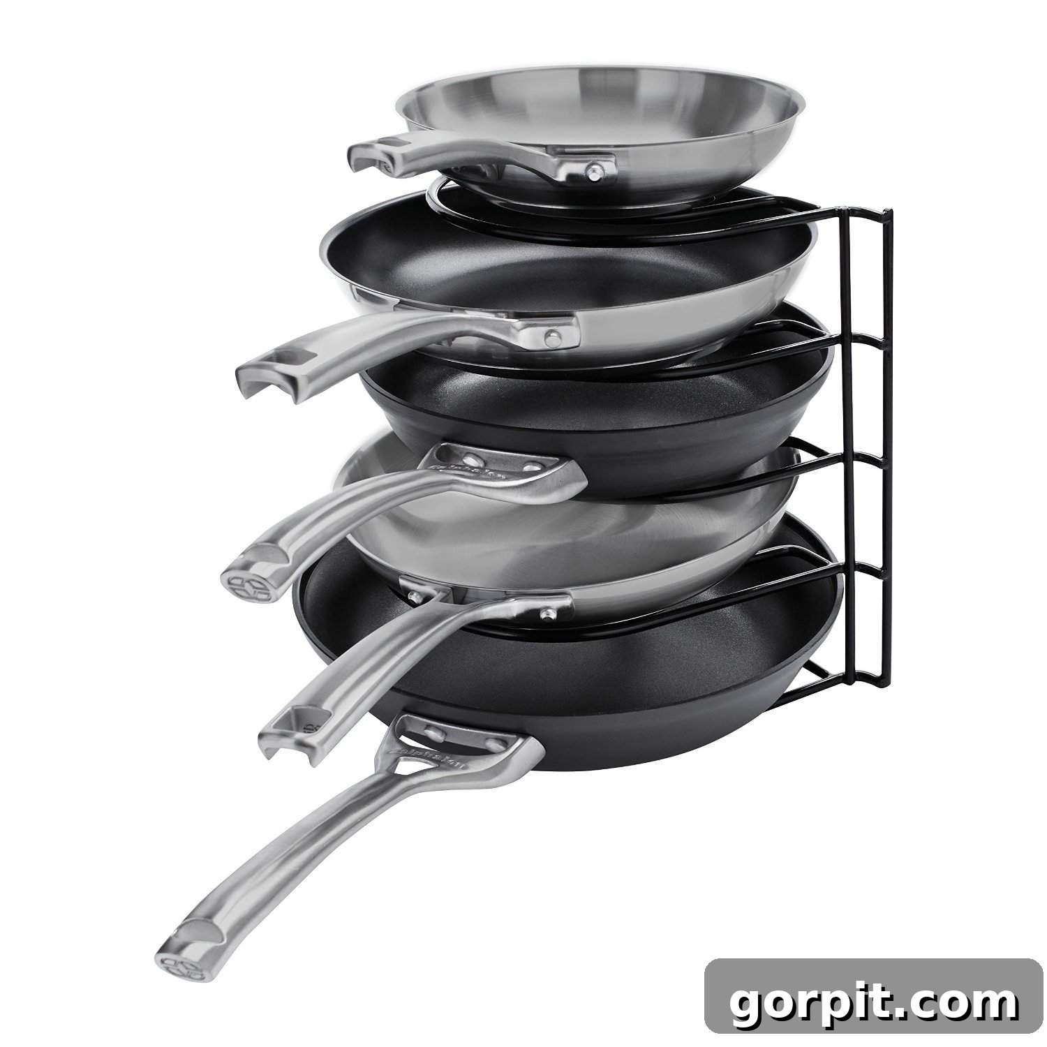 Learning how to organize kitchen cabinets means utilizing vertical space, which can be done with this pan organizer rack holding varying sizes of pans. 