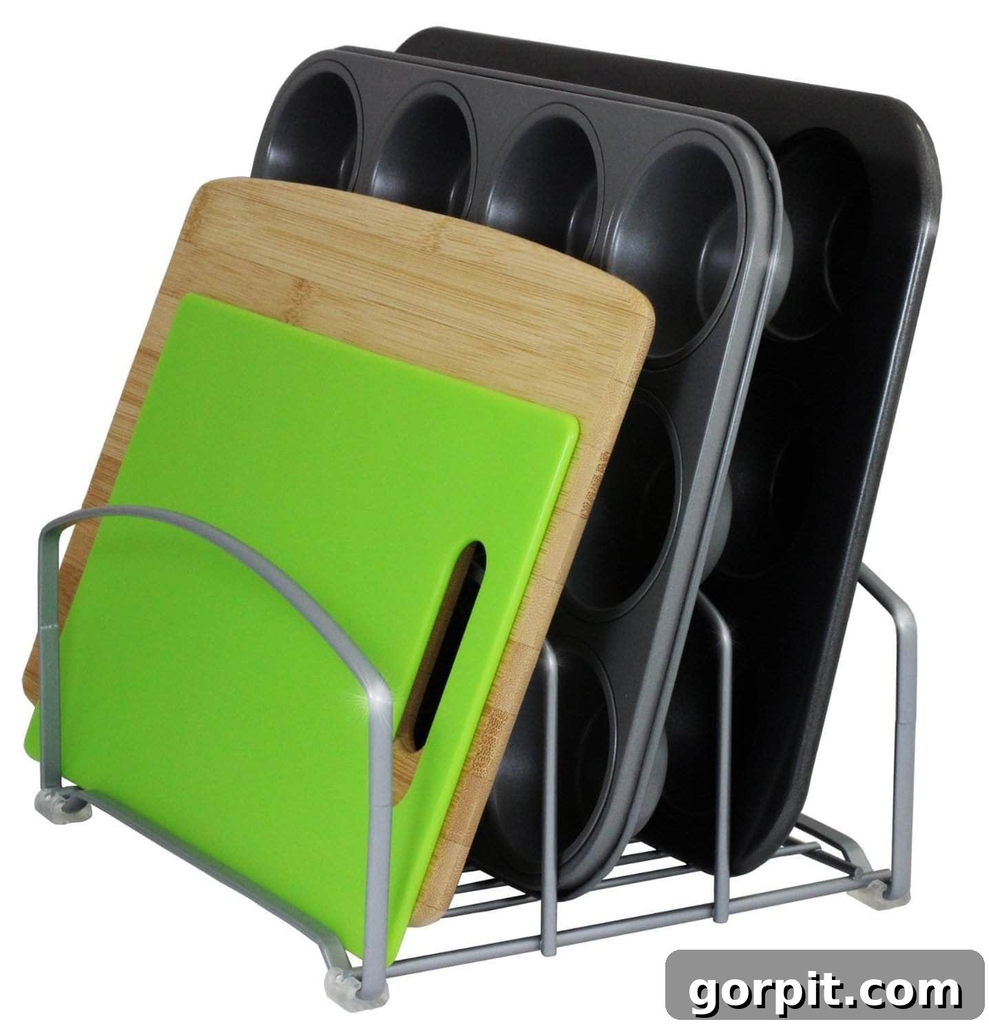 A cookie sheet and cutting board organizer holding various cutting boards and muffin tins against a white background. 