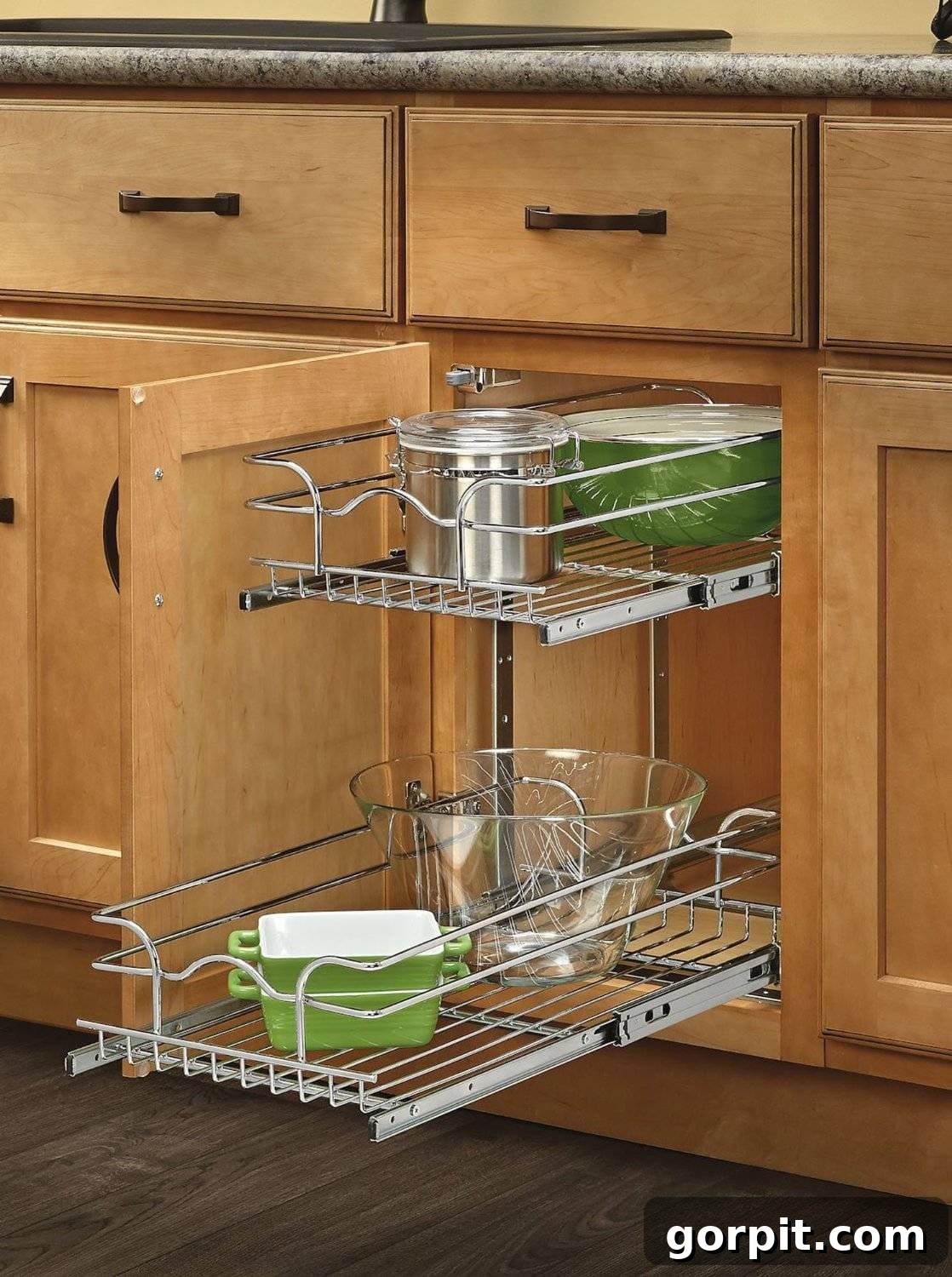 A cookie sheet and cutting board organizer holding various cutting boards and muffin tins against a white background. 