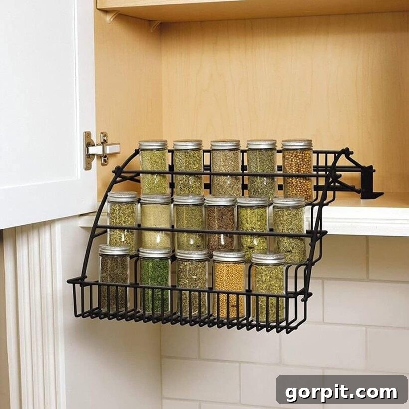 An open white cabinet, empty except for the three-tier, black wire pull-down spice rack, full of colorful spices. 