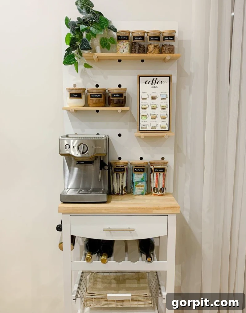 Coffee bar featuring pegboard storage and open shelving above a cart