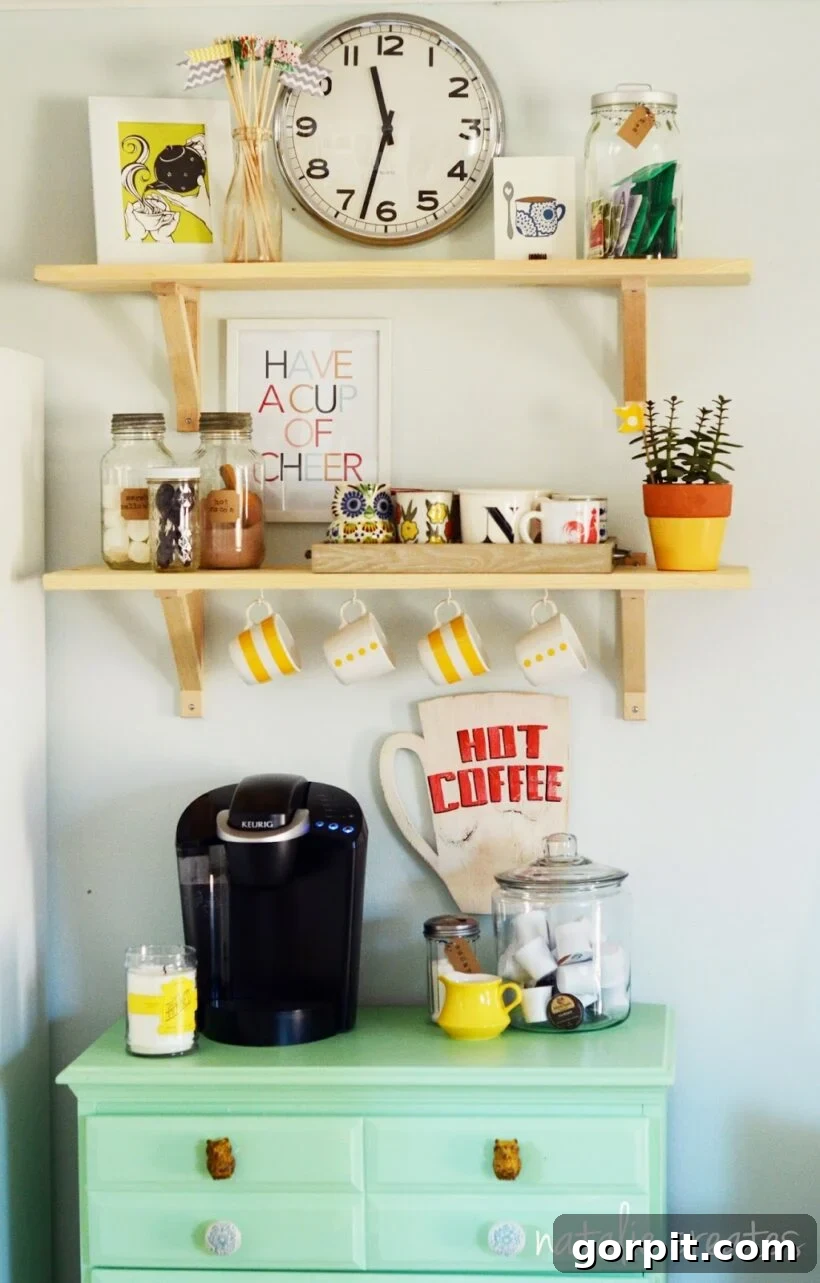 Vibrant home coffee bar with a small cabinet and colorful wall shelves