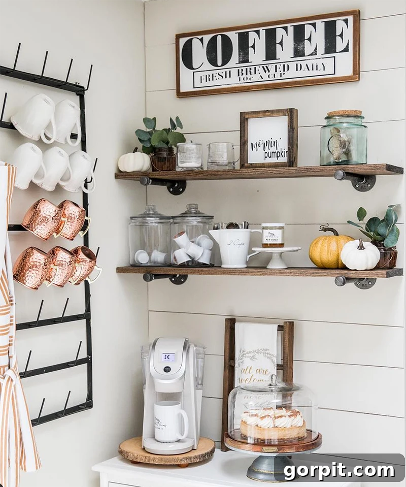 Farmhouse style coffee station neatly tucked into a kitchen corner