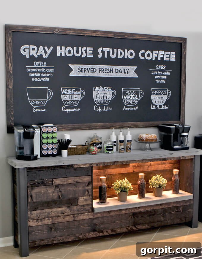 DIY coffee bar with a stylish framed chalkboard for a cafe ambiance