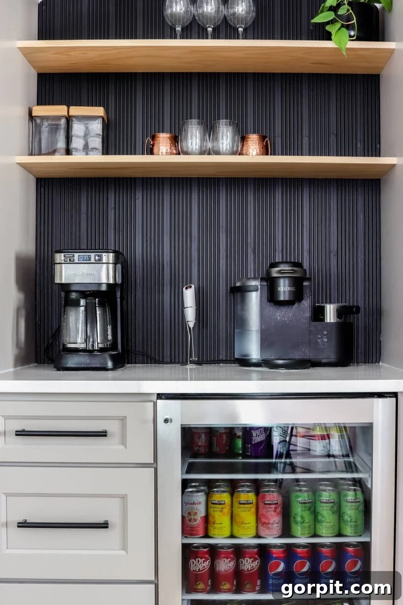 DIY kitchen coffee bar with a unique arched fluted accent wall