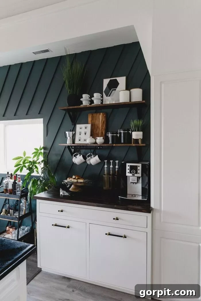 Modern kitchen coffee station with a distinctive accent wall