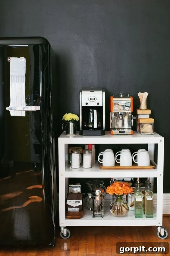 Chic rolling coffee bar cart with ample storage for mugs and coffee maker