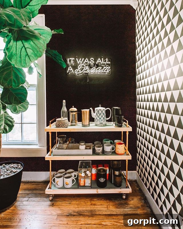 DIY coffee cart made from copper pipes and wood shelves