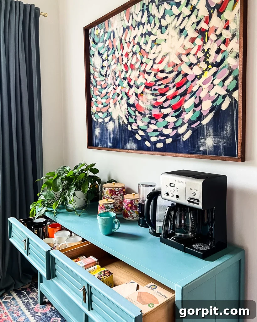 Home coffee bar with a painted dresser and eclectic decor