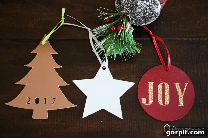 Elegant leather Christmas ornaments, precisely cut with a Cricut Maker and its Knife Blade.