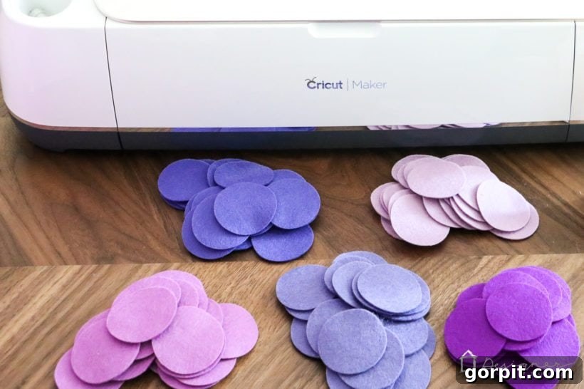 Close-up of perfectly cut felt circles by Cricut Maker, used for an ombre lampshade.