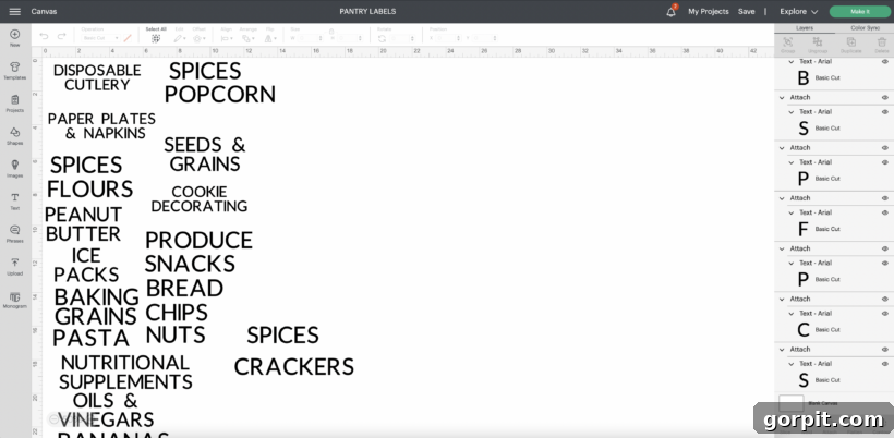 Cricut Label Mastery: My Two Essential Methods 3 Screenshot of pantry labels designed in Cricut Design Space, showing various food item names.