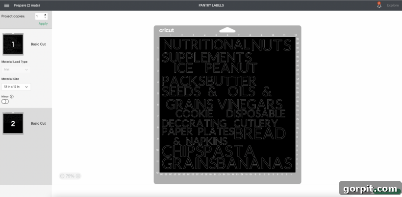 Cricut Label Mastery: My Two Essential Methods 4 Cricut Design Space preview showing pantry labels arranged for cutting to optimize vinyl usage.