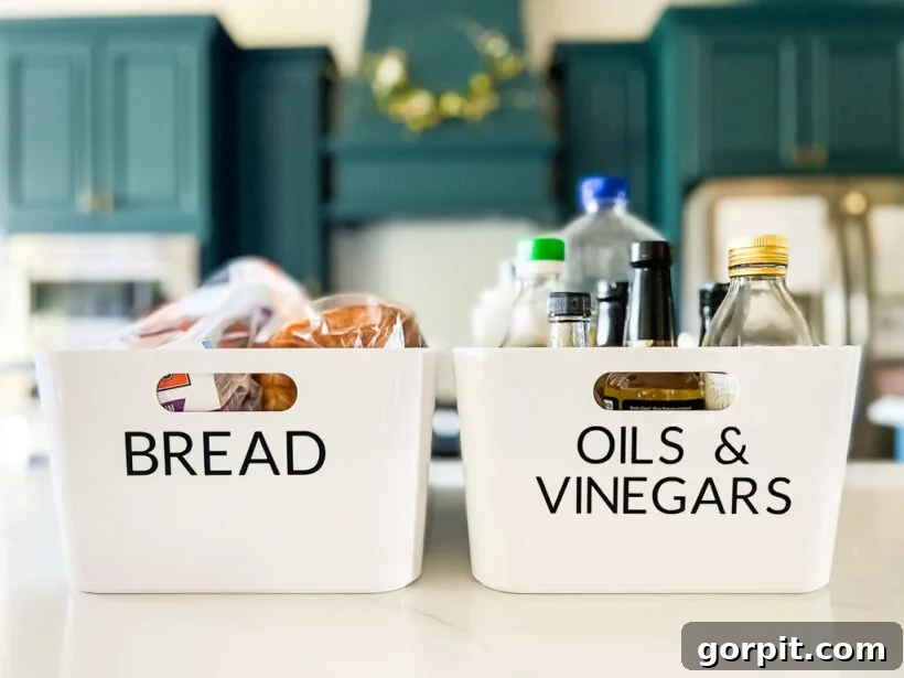 Cricut Label Mastery: My Two Essential Methods 5 Pantry bins organized with large, easy-to-read custom vinyl labels made with a Cricut machine.