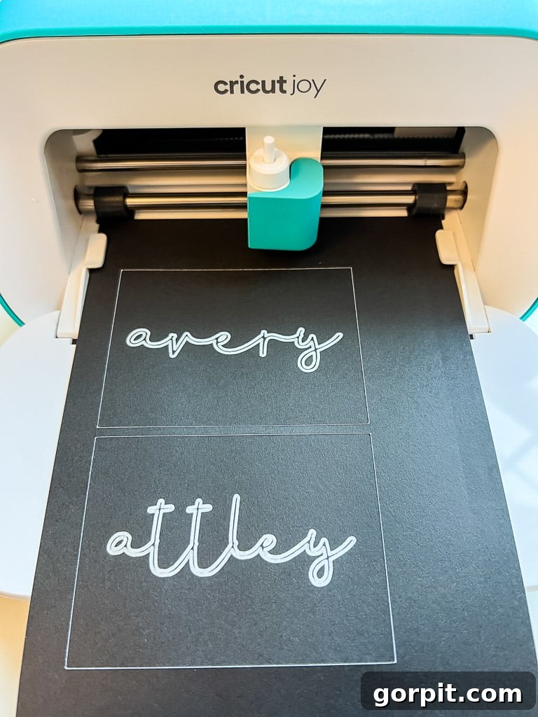 Cricut Label Mastery: My Two Essential Methods 9 Finished name labels made with Cricut Joy on black Smart Sticker Paper, showing metallic silver writing.
