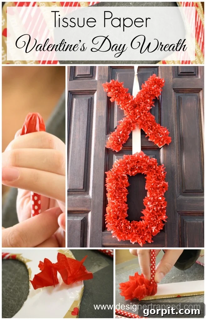 A beautifully crafted DIY Valentine's Day wreath with fluffy red tissue paper, showcasing its charming texture and heartfelt appeal.