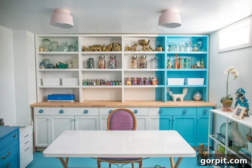 bright blue offset stripe on basement office bookcase