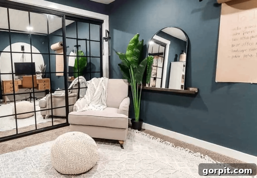 blue green walls with mirrored doors