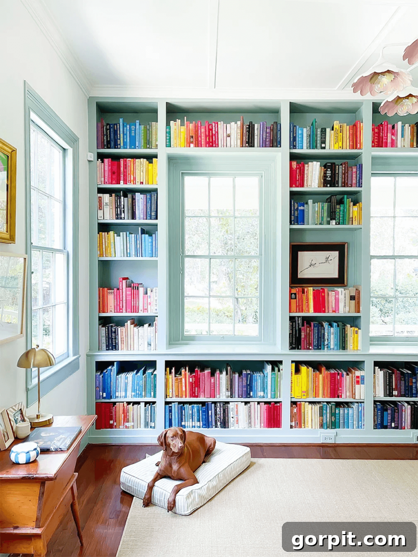 light blue green painted bookshelves