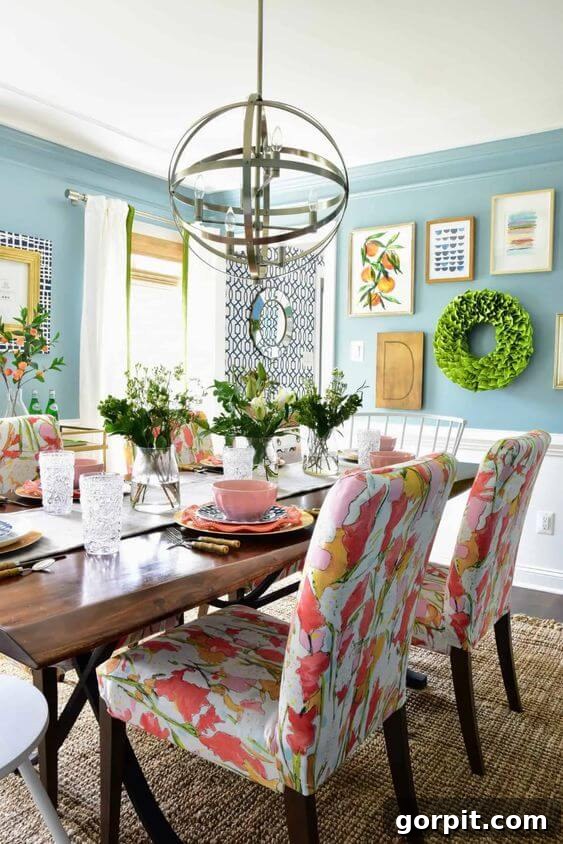 blue green walls in colorful dining room