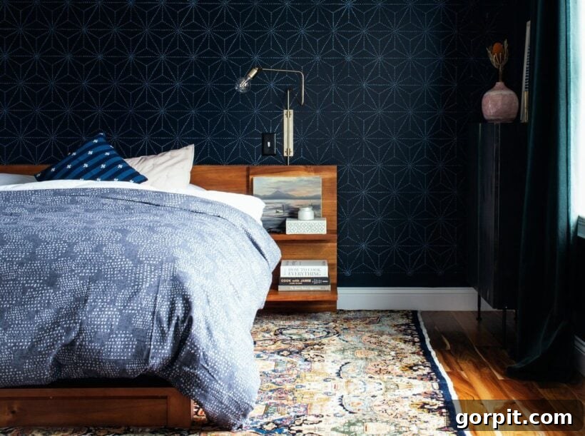 dark navy stenciled bedroom walls