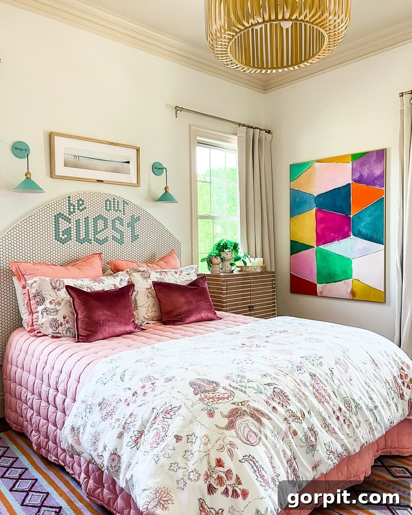 A panoramic view of the beautifully decorated colorful guest room, highlighting its vibrant palette and carefully curated eclectic elements.