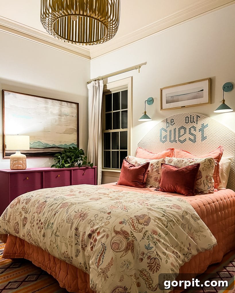 Guest room showcasing newly installed sconces above the bed, providing both accent lighting and filling blank wall space effectively.