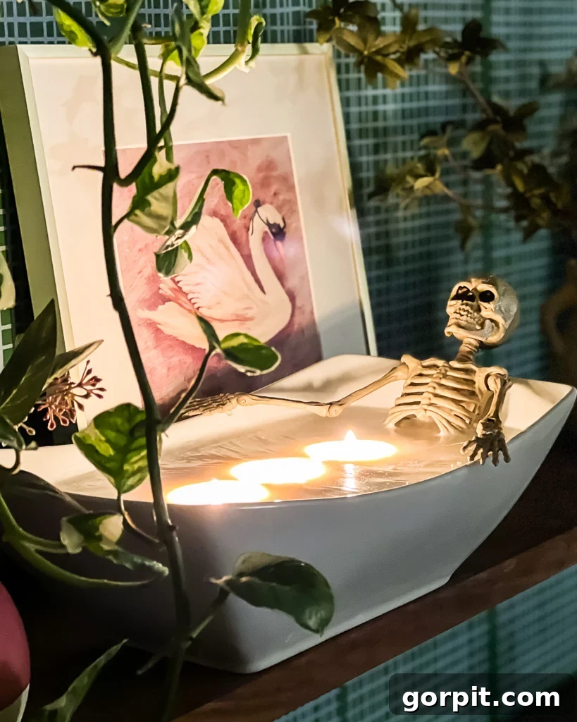 diy halloween candle skeleton in a bathtub top view