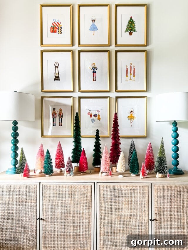 Christmas Entryway with Nutcracker Art and Bottle Brush Trees