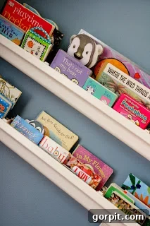 DIY Rain Gutter Bookshelves in Playroom