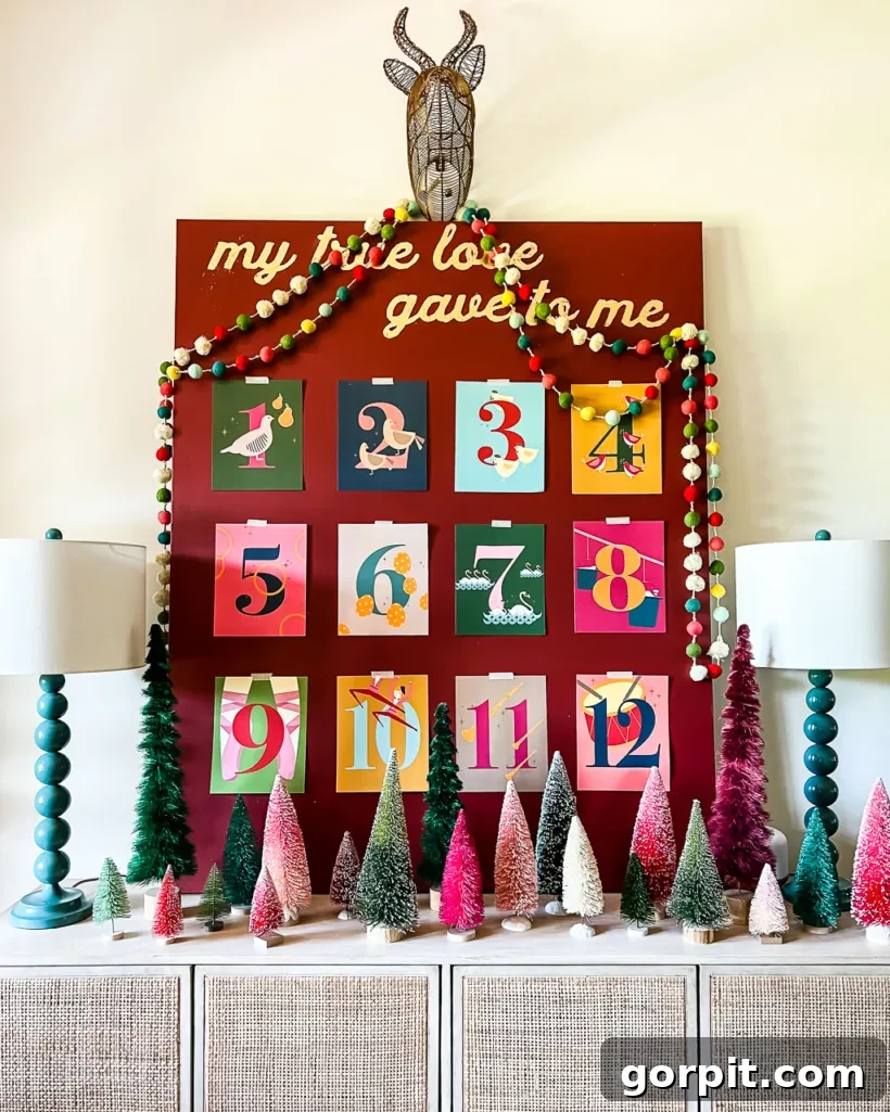 DIY Christmas art display featuring 12 days of Christmas art prints by Tasha Agruso of Kaleidoscope Living