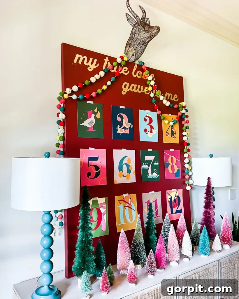 DIY Christmas Art display featuring 12 days of Christmas art prints by Tasha Agruso of Kaleidoscope Living