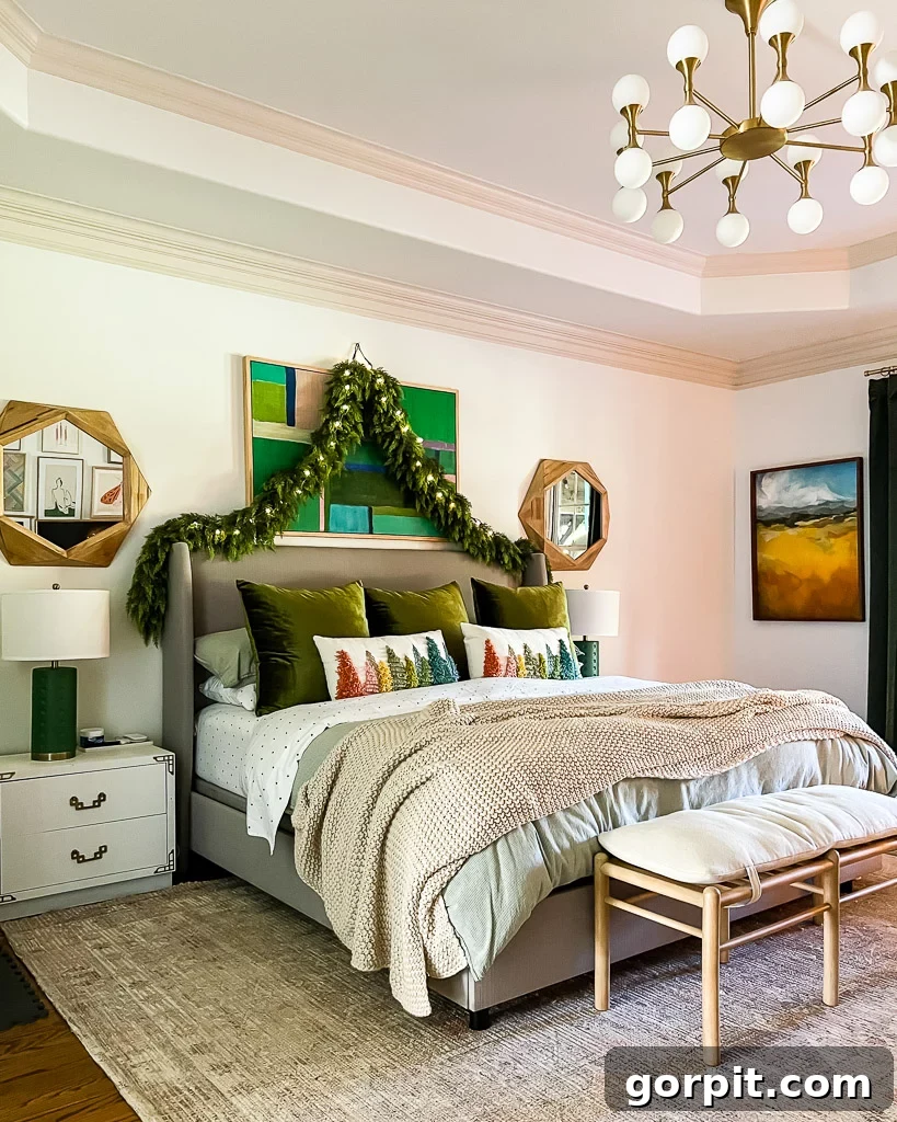 Bringing Christmas Magic to Your Bedroom 3 A close-up view of Christmas bedroom decor featuring a bed adorned with festive throw pillows, creating a cozy and inviting holiday atmosphere.