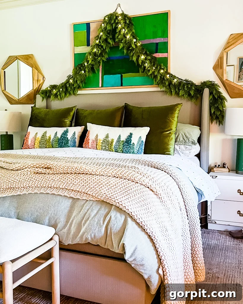 Bringing Christmas Magic to Your Bedroom 5 Christmas bedroom decor with a festive garland draped over a headboard or art piece, adorned with twinkling lights for a warm glow.