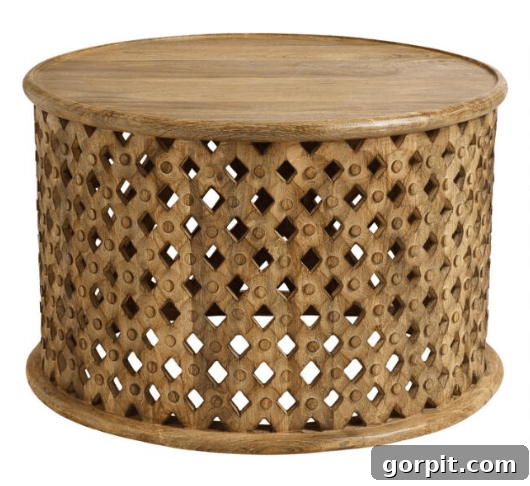 Statement Coffee Table Designs 13 World Market round carved lattice coffee table, decorative rustic wood design
