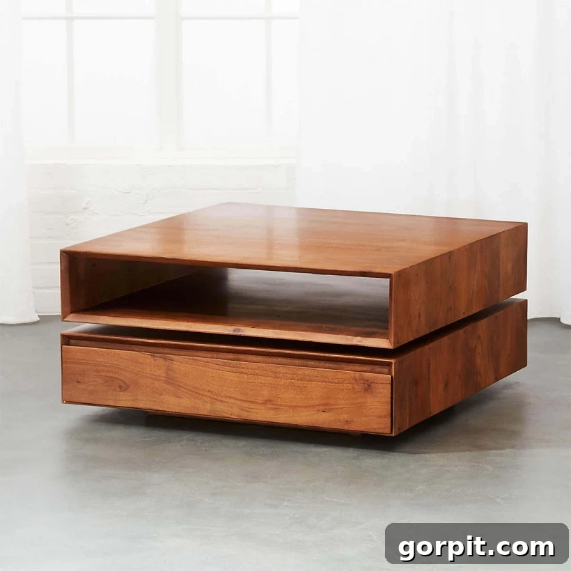Statement Coffee Table Designs 4 CB2 Spin rotating coffee table with open storage and drawers, mid-century modern style