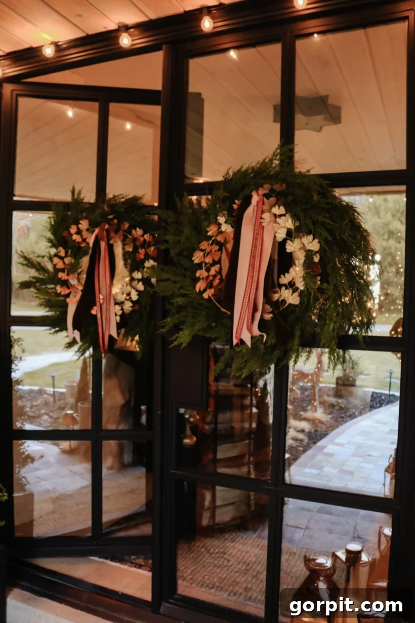 A twilight view of glass front doors with layered wreaths decorated with pink and cream ribbons and florals to make understated and sophisticated front porch Christmas decorations, created by Nesting with Grace.