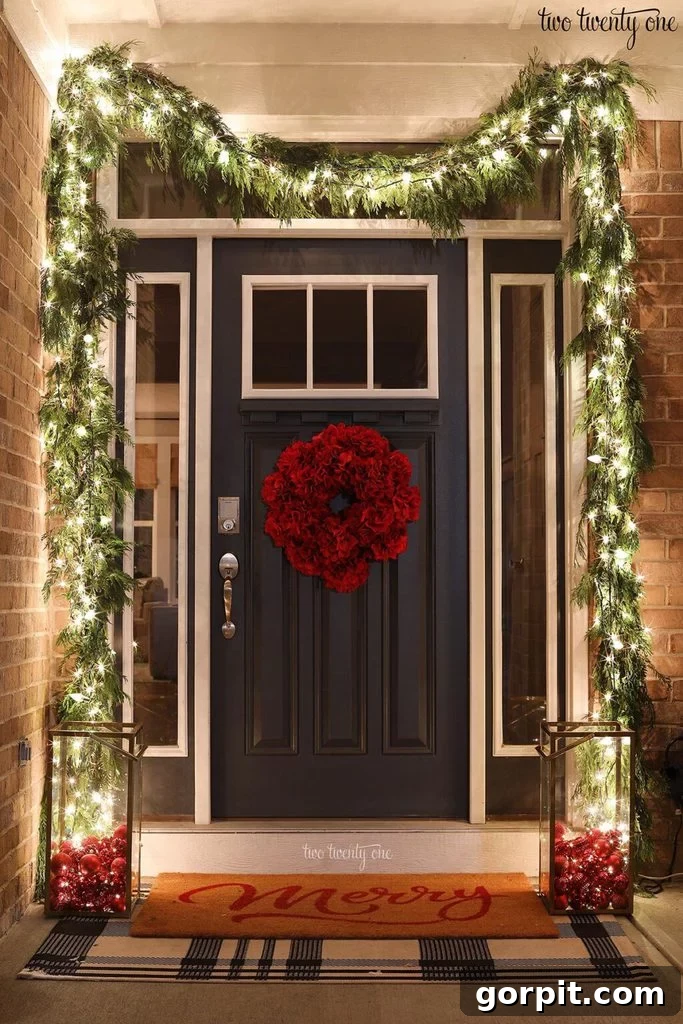 Front porch Christmas decorations can be simple and elegant like this beautiful front porch garland with white lights and a red flower door wreath, seen at night to create a welcome glow. Design by Two-Twenty-One. 