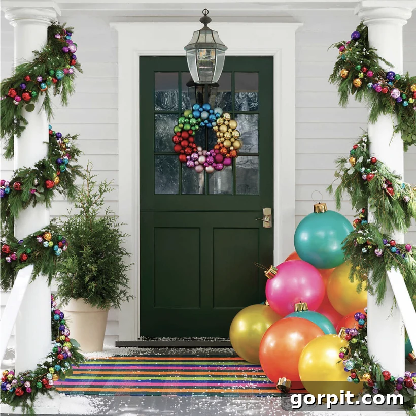 Anne Selke has created fun front porch Christmas decorations including a rainbow ball door wreath; white pillars wrapped in garland and giant Christmas ornaments in pastel colors.