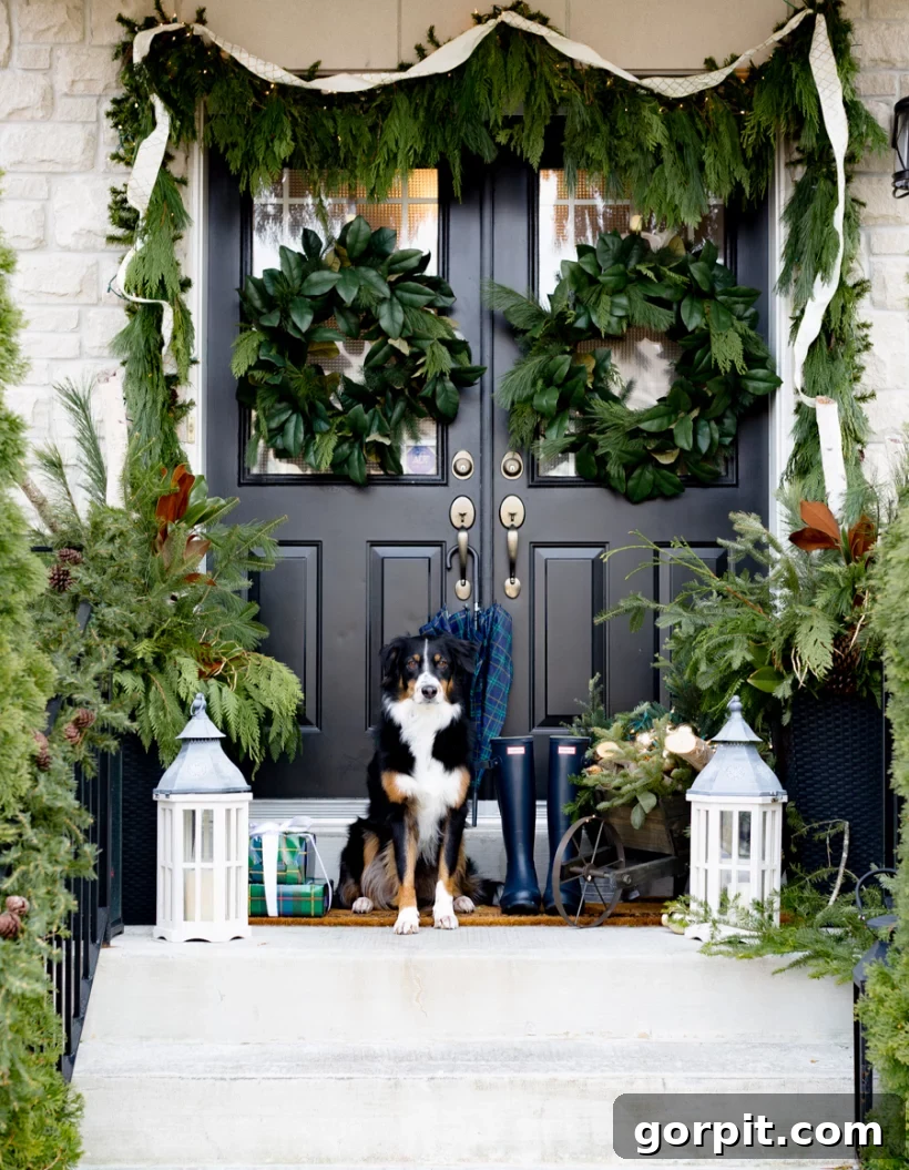 Craftberry Bush front porch Christmas decorations use greenery to create a festive atmosphere, like bushy garlands around the entry, large wreaths on the doors, and mini evergreen trees on either side of the dog sitting on the top step.  
