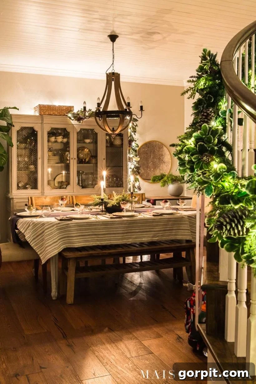 Simple yet beautiful dining room Christmas decorations, emphasizing a warm and glowing ambiance.