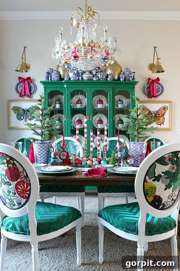 A vibrant and colorful dining room decorated for Christmas, showcasing playful and unique holiday touches.