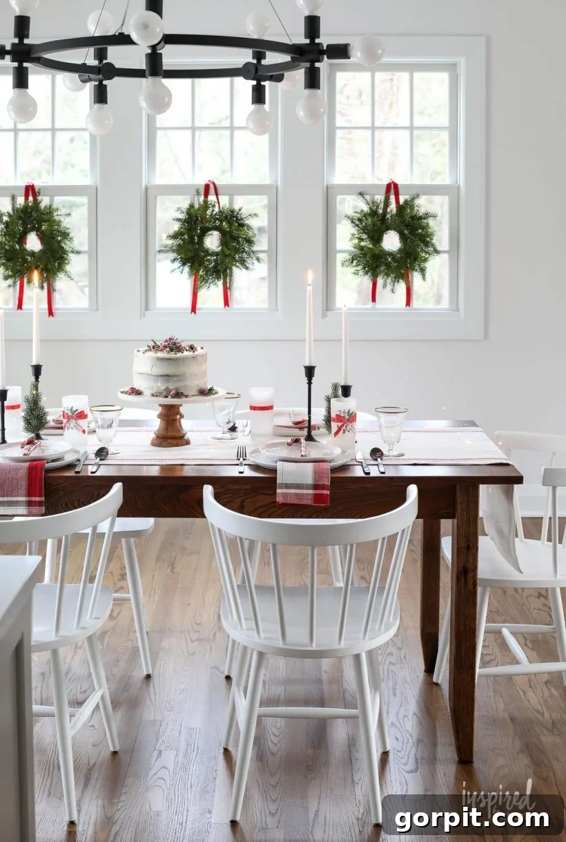 Dining room decorated for Christmas with charming wreaths adorning the windows, creating a light and airy festive atmosphere.