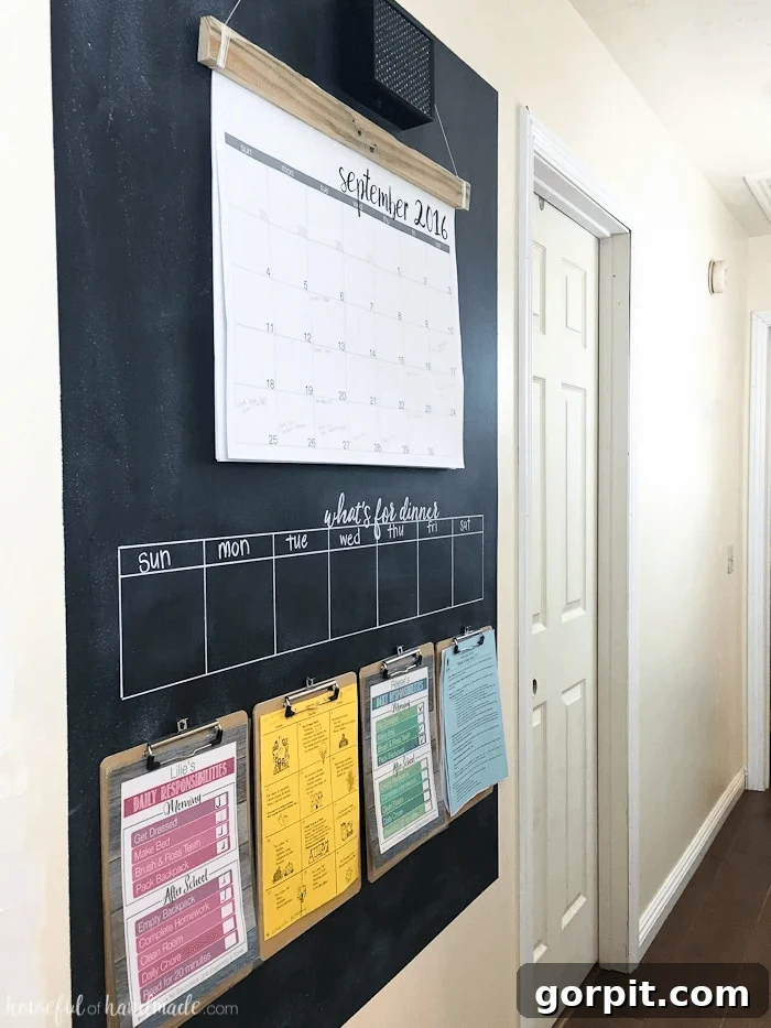 Family Calendar Secrets for a Stress-Free Home 12 rustic command center with weekly chalk calendar and monthly paper calendar, providing dual planning views