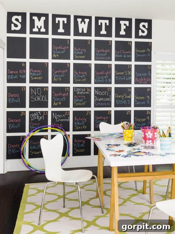 Family Calendar Secrets for a Stress-Free Home 5 full wall chalk board calendar, meticulously organized and color-coded