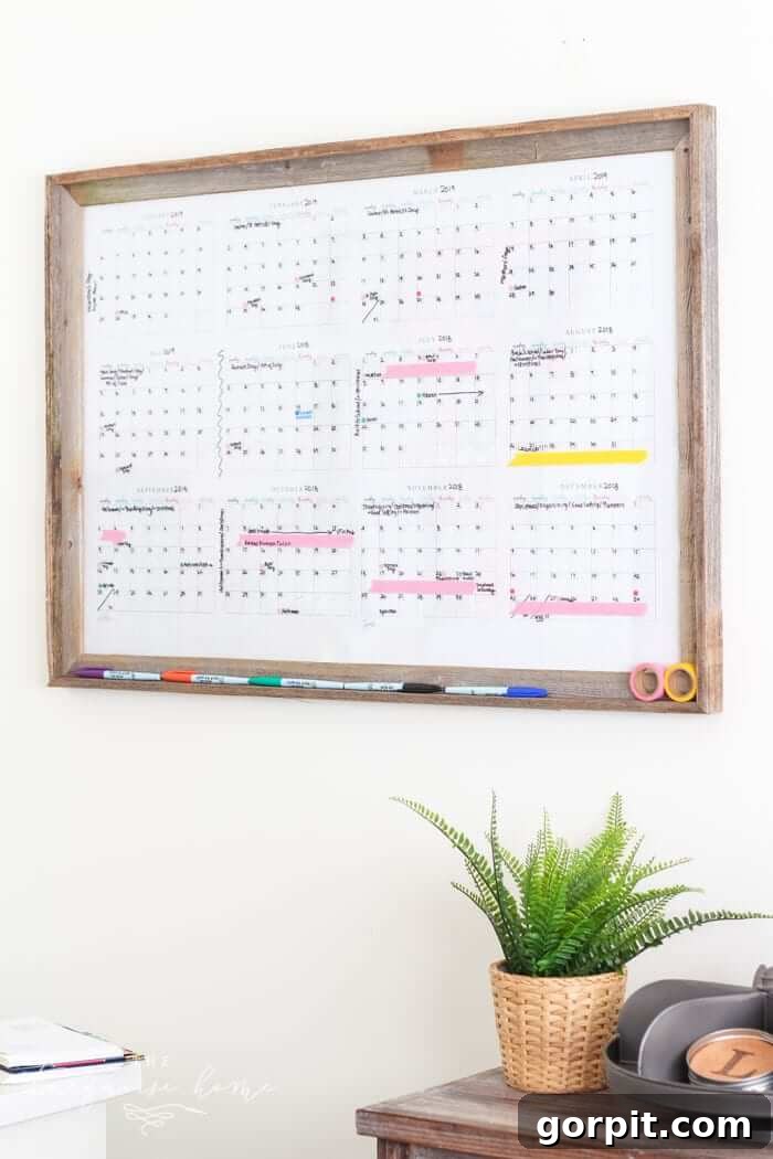 Family Calendar Secrets for a Stress-Free Home 8 DIY dry erase family wall calendar, showing a full year's schedule