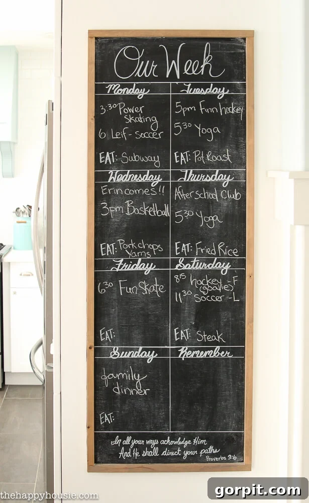 Family Calendar Secrets for a Stress-Free Home 9 DIY chalkboard weekly calendar, integrated perfectly into a kitchen space